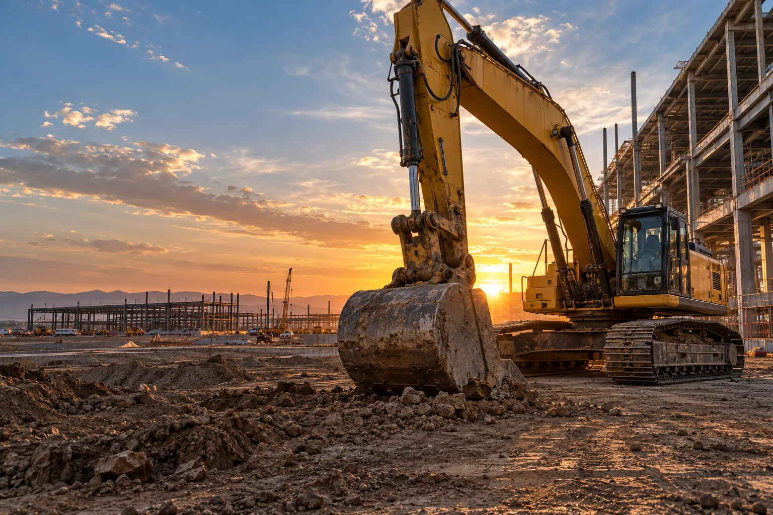 Excavadora en una obra de construcción al atardecer